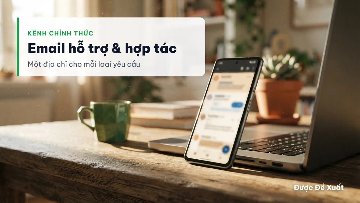 Hai kênh liên hệ chính thức của Được Đề Xuất: email hỗ trợ và email hợp tác