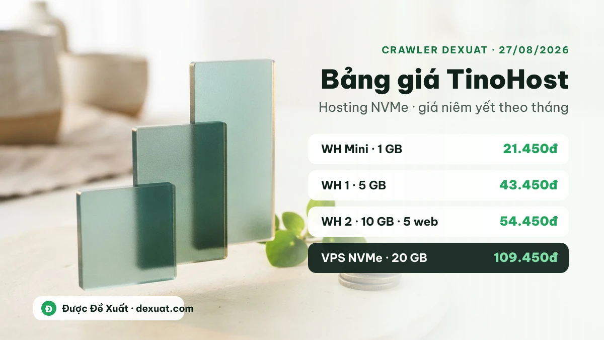 Bảng giá hosting TinoHost 2026: WH Mini 21.450đ, WH 1, WH 2 và VPS NVMe từ 109.450đ