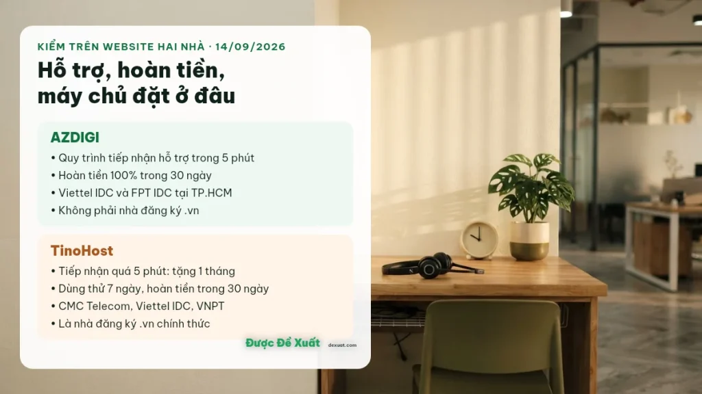 Cam kết hỗ trợ, hoàn tiền và nơi đặt máy chủ của AZDIGI và TinoHost