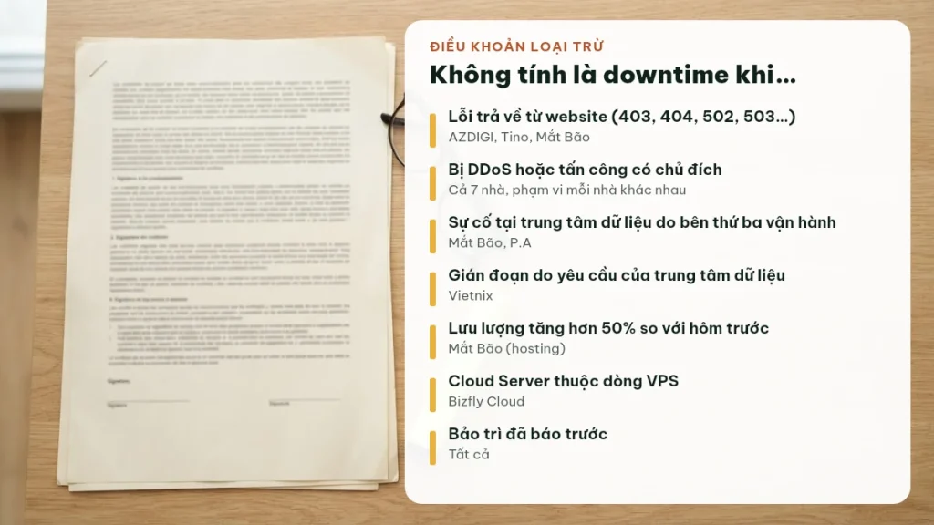 Các điều khoản loại trừ khiến gián đoạn không được tính là downtime trong SLA của nhà cung cấp hosting
