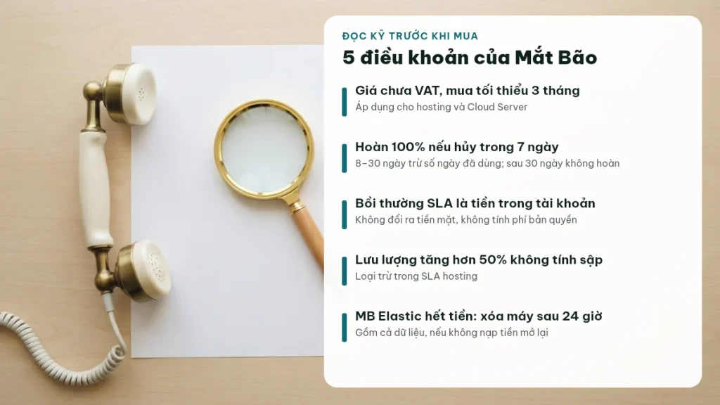5 điều khoản cần đọc trước khi mua dịch vụ Mắt Bão: VAT, hoàn tiền, bồi thường SLA, loại trừ, xóa dữ liệu
