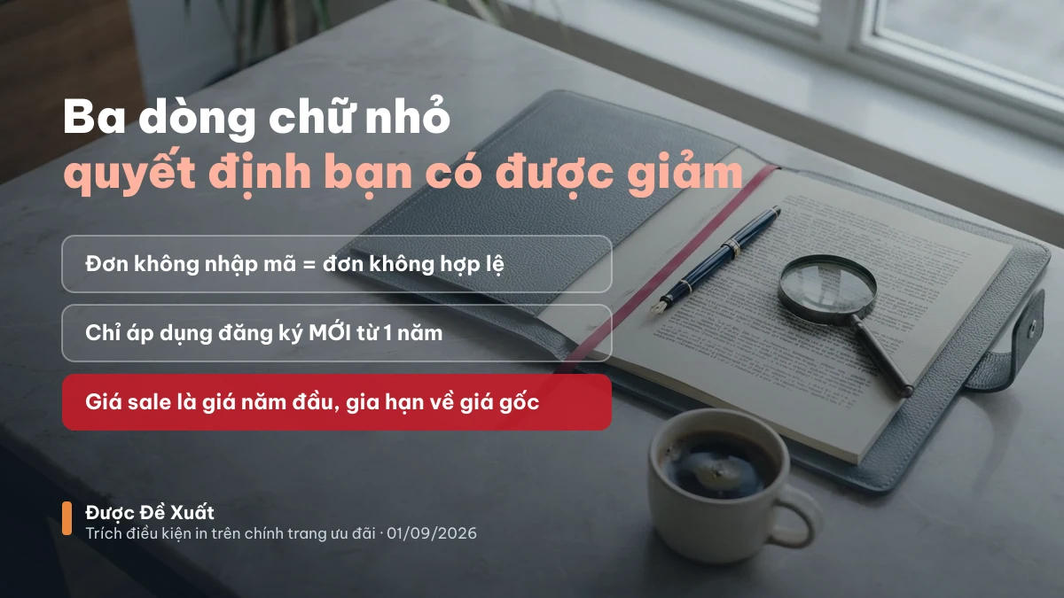 Ba điều kiện khuyến mãi Tenten: phải nhập mã, chỉ đăng ký mới từ 1 năm, giá sale là giá năm đầu
