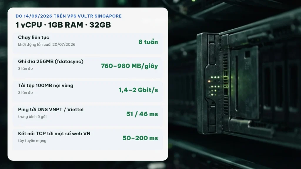 Số đo thật trên VPS Vultr Singapore 1 vCPU 1GB: tốc độ ghi đĩa, băng thông, độ trễ tới Việt Nam