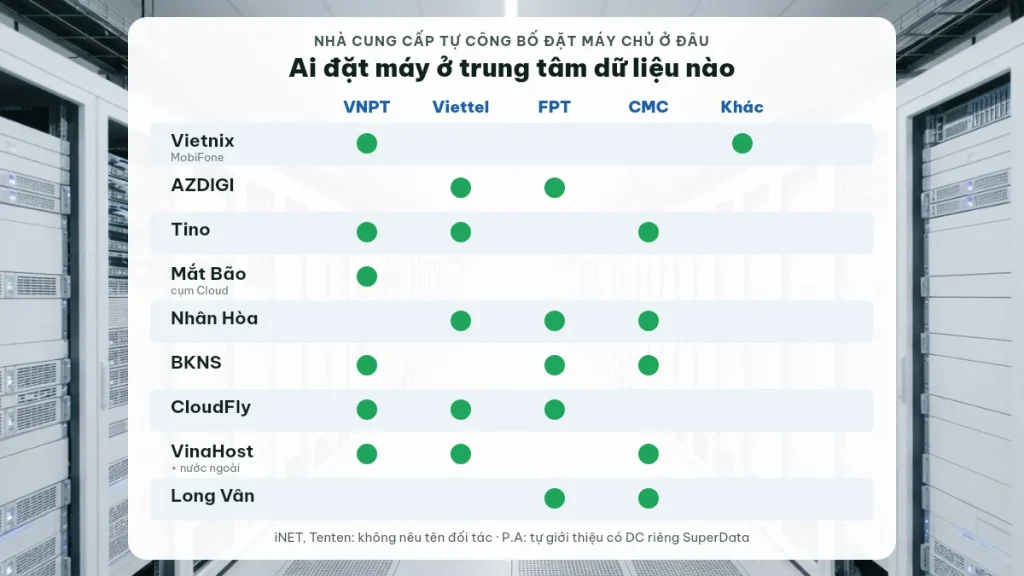 Bảng các nhà cung cấp hosting Việt Nam tự công bố đặt máy chủ tại datacenter VNPT, Viettel, FPT, CMC