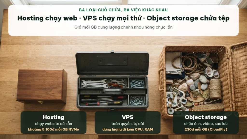 So sánh object storage với hosting và VPS theo công dụng và giá mỗi GB