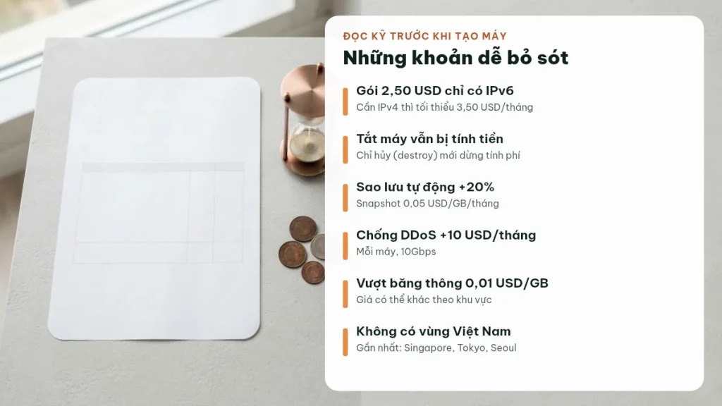 Các khoản phí và điều khoản dễ bỏ sót khi thuê VPS Vultr: IPv6, tắt máy vẫn tính tiền, sao lưu, DDoS