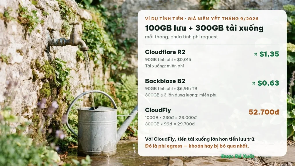 Ví dụ tính phí object storage 100GB lưu trữ và 300GB tải xuống tại Cloudflare R2, Backblaze B2, CloudFly