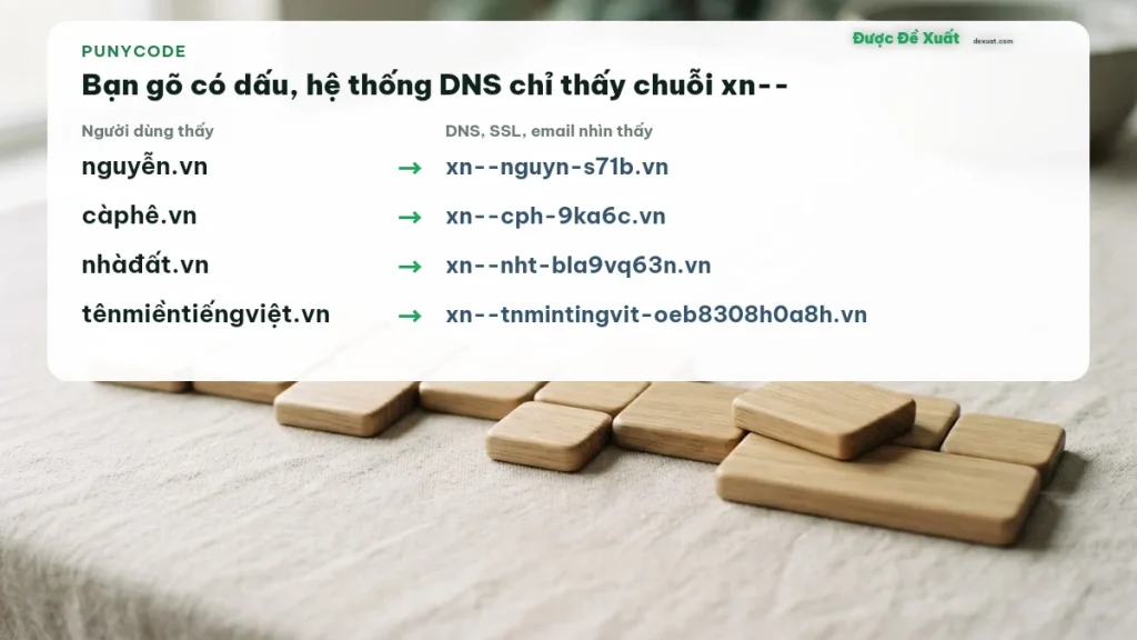 Ví dụ tên miền tiếng Việt có dấu và chuỗi Punycode xn-- tương ứng mà DNS sử dụng