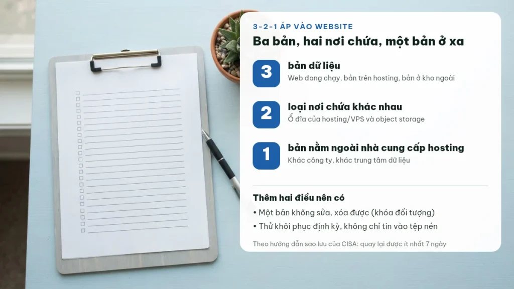 Quy tắc sao lưu 3-2-1 áp dụng cho website: 3 bản, 2 loại nơi chứa, 1 bản ngoài nhà cung cấp hosting