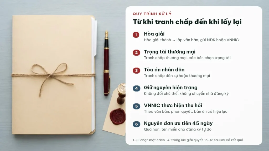 Sáu bước xử lý tranh chấp tên miền .vn từ hòa giải, trọng tài, tòa án tới thu hồi và ưu tiên đăng ký 45 ngày