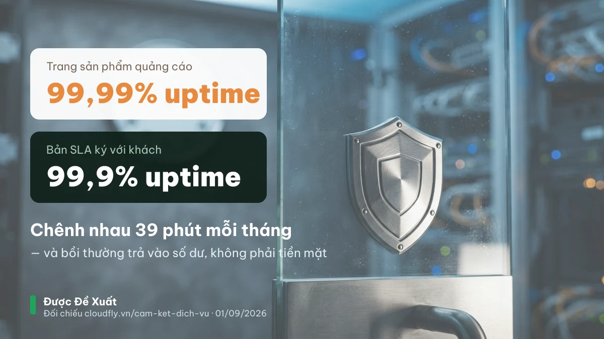 Đối chiếu cam kết uptime CloudFly: trang sản phẩm ghi 99,99% còn bản SLA chỉ cam kết 99,9%