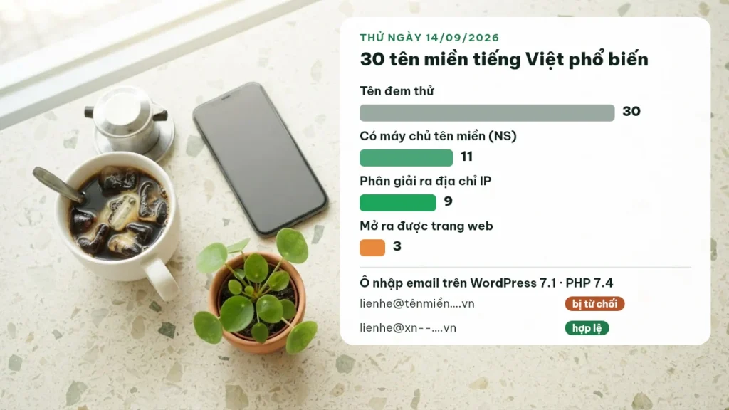Kết quả thử 30 tên miền tiếng Việt: 11 có máy chủ tên miền, 9 phân giải IP, 3 mở được trang web; email có dấu bị từ chối